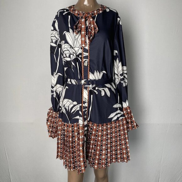 Ciebon Women’s Edda Floral Mix Print Belted Mini Dress Size M Navy Blue/Brown - Picture 1 of 11